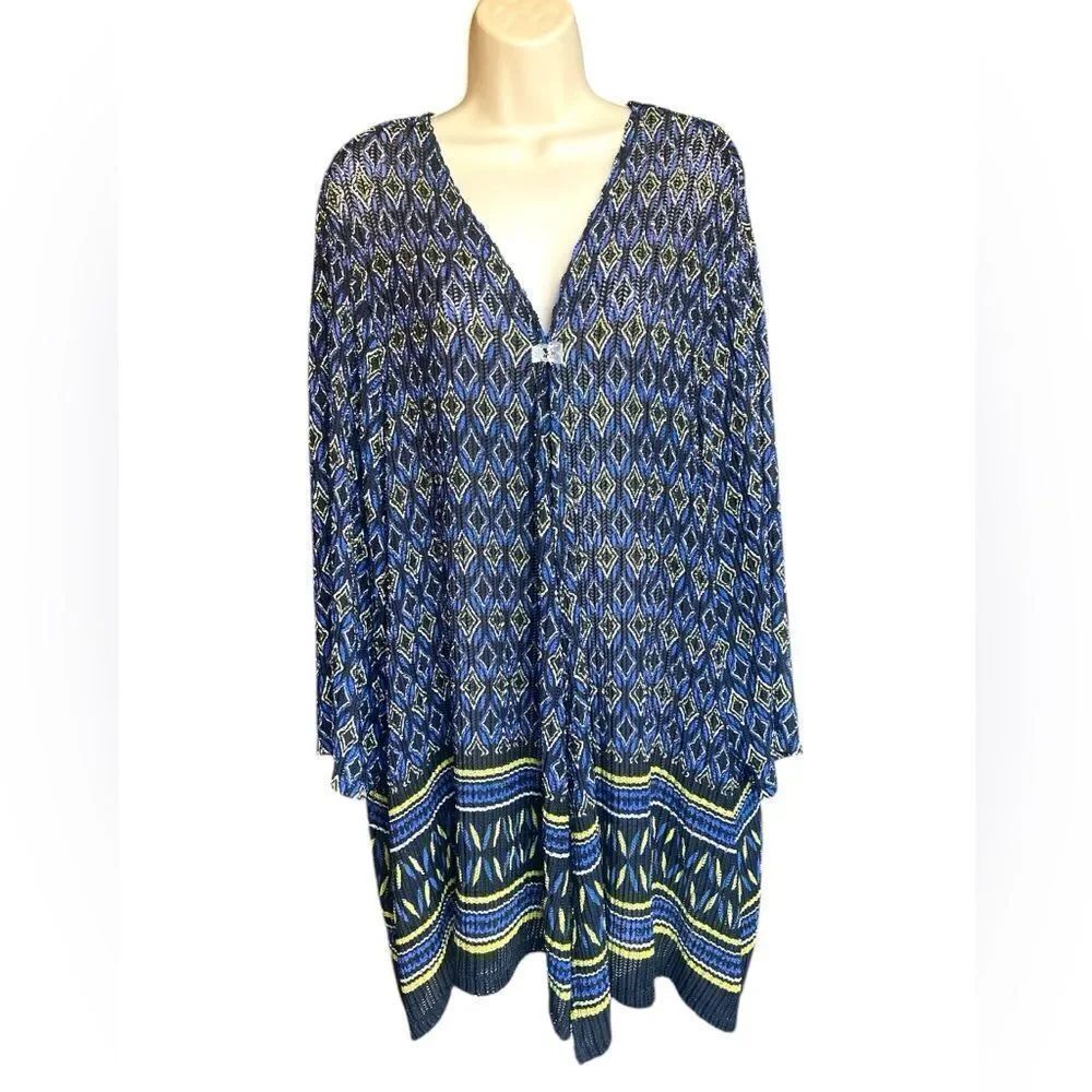 Catherines Blue Teal White Black yellow Diamond Print 4x 3/4 Sleeve Cardigan